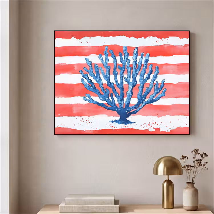 Koraal - Verfstructuur - Rood - Blauw Textielframe - compleet frame klein -sfeer2