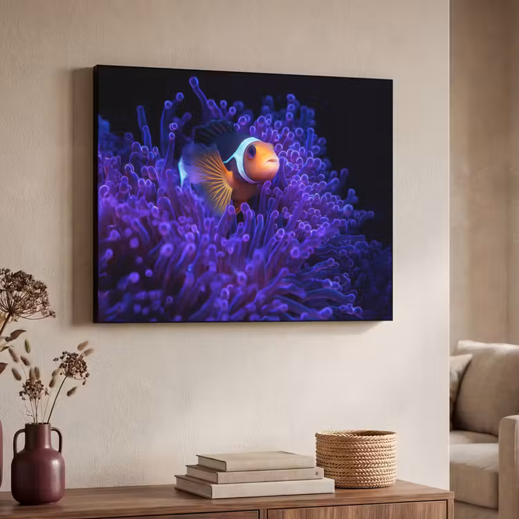 Koraal - Vis - Oranje - Zee Textielframe zwart klein -sfeer3