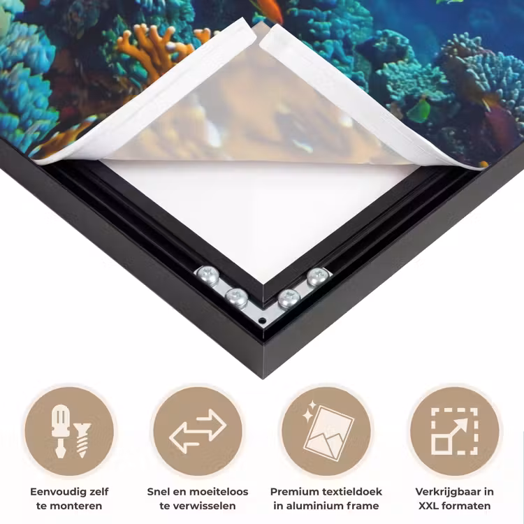 Koraal - Vissen - Oceaan - Natuur - Kleurrijk Textielframe zwart klein -USP_closeupNL