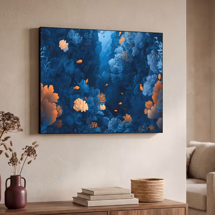 Koraalrif - Vissen - Oceaan - Blauw Textielframe zwart klein -sfeer3