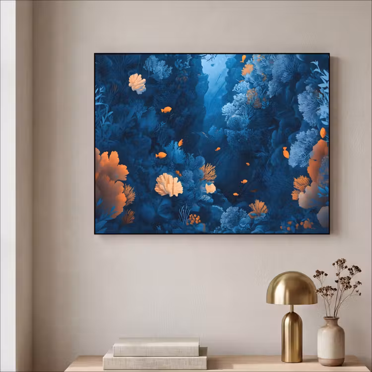 Koraalrif - Vissen - Oceaan - Blauw Textielframe - compleet frame klein -sfeer2
