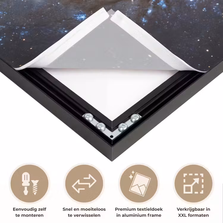 Kosmos - Sterrenstelsel - Donker Textielframe zwart klein -USP_closeupNL