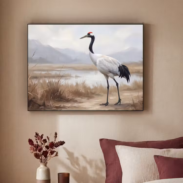 Kraanvogel - Natuur - Realistisch Textielframe zwart klein -sfeer1