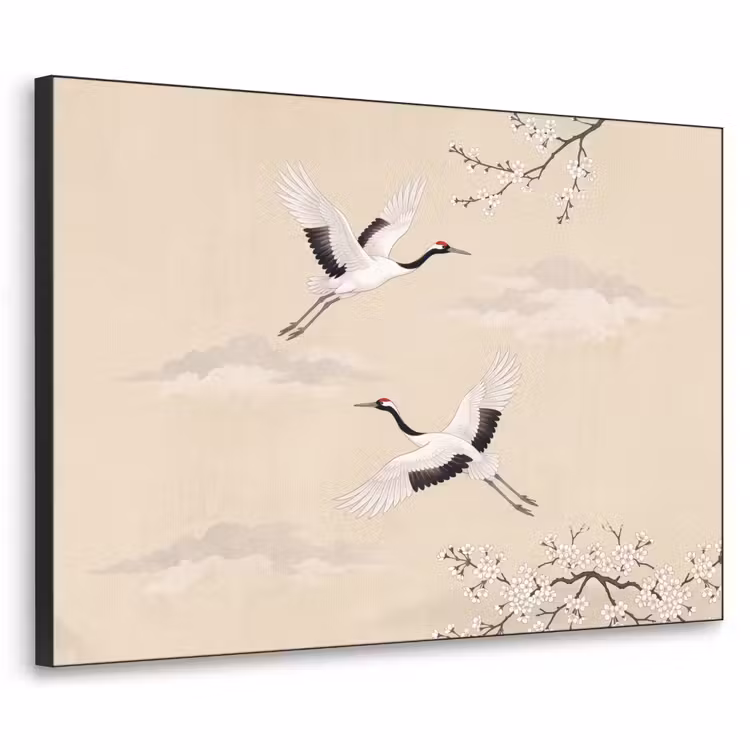 Kraanvogels - Bloesem - Beige Textielframe zwart klein -3d