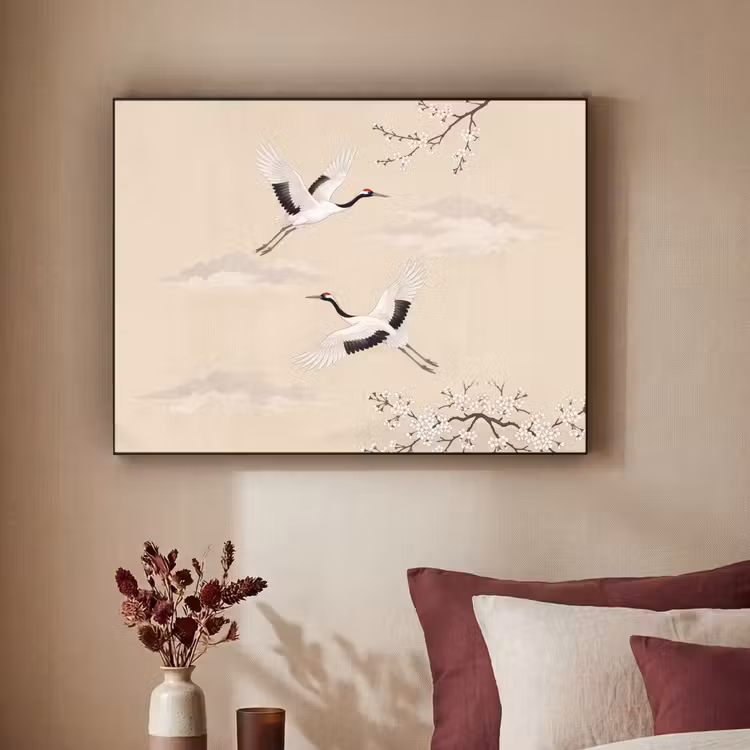 Kraanvogels - Bloesem - Beige Textielframe zwart klein -sfeer1