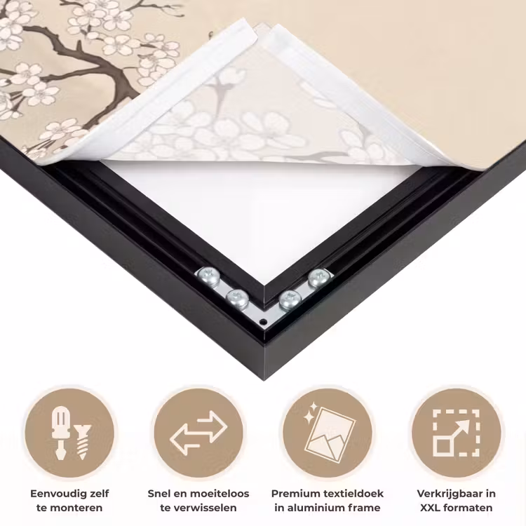Kraanvogels - Bloesem - Beige Textielframe zwart klein -USP_closeupNL