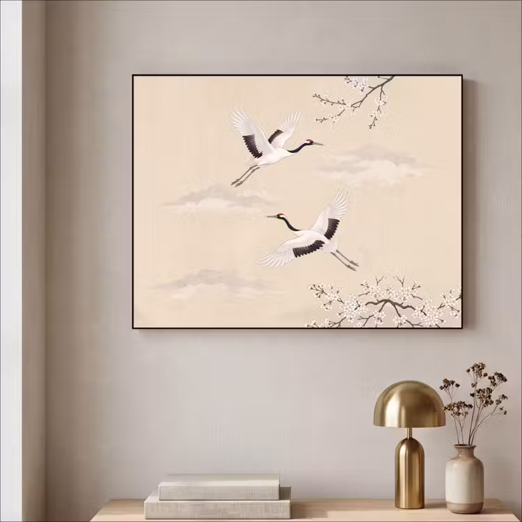 Kraanvogels - Bloesem - Beige Textielframe zwart klein -sfeer2