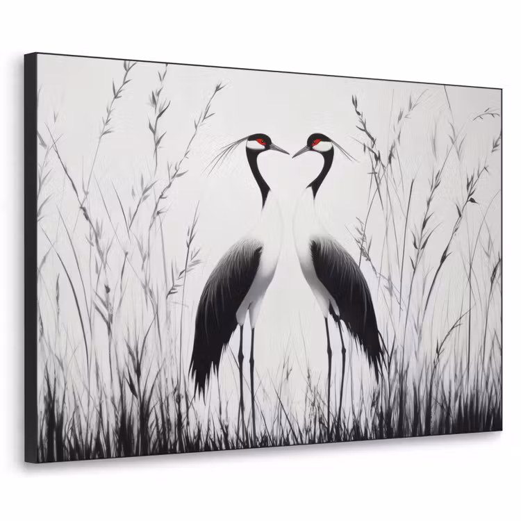 Kraanvogels - Gras - Hartvorm - Zwart Textielframe zwart klein -3d