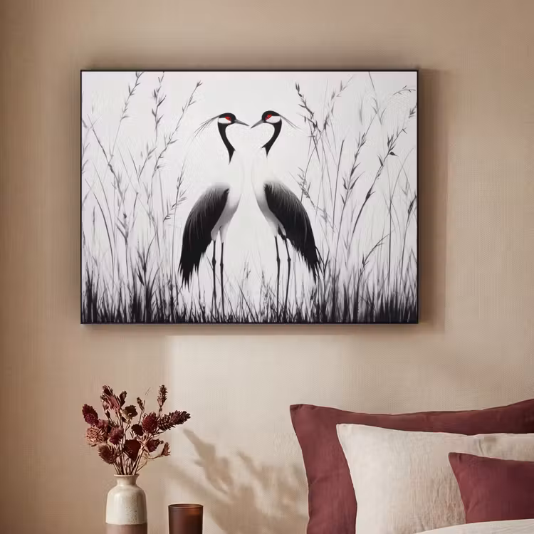 Kraanvogels - Gras - Hartvorm - Zwart Textielframe zwart klein -sfeer1