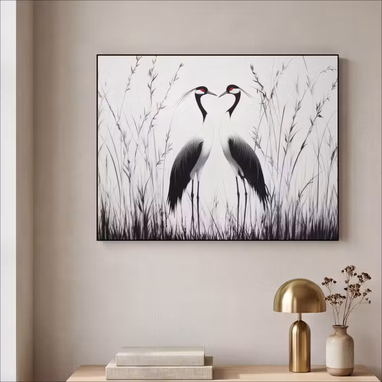 Kraanvogels - Gras - Hartvorm - Zwart Textielframe - compleet frame klein -sfeer2