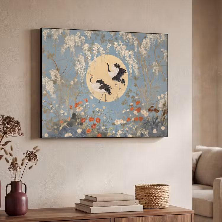 Kraanvogels - Maan - Bloemen - Blauw Textielframe - compleet frame klein -sfeer3