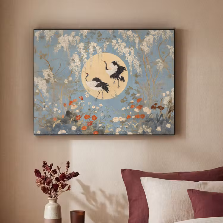 Kraanvogels - Maan - Bloemen - Blauw Textielframe - compleet frame klein -sfeer1