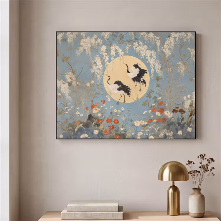 Kraanvogels - Maan - Bloemen - Blauw Textielframe - compleet frame klein -sfeer2