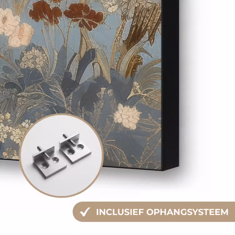 Kraanvogels - Maan - Bloemen - Blauw Textielframe zwart klein -USP_ophangsysteemNL