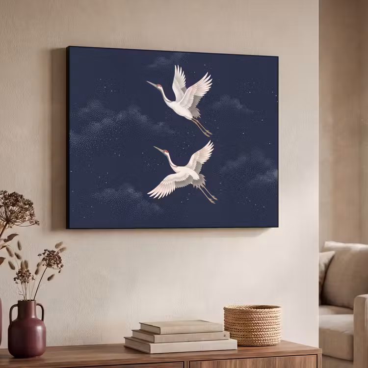 Kraanvogels - Nachthemel - Blauw Textielframe zwart klein -sfeer3