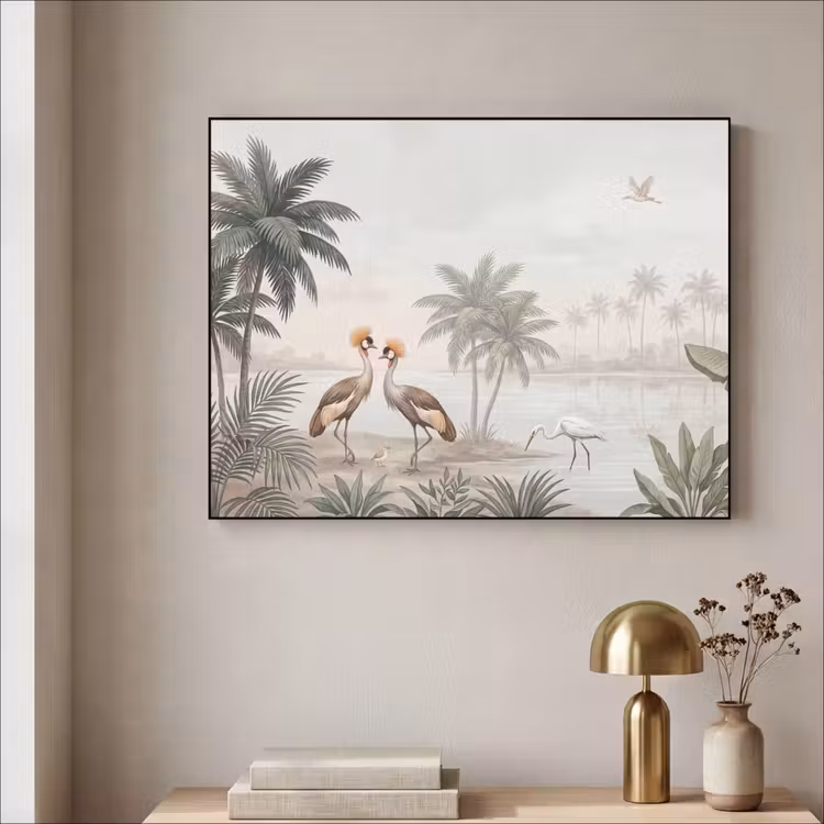 Kraanvogels - Palmbomen - Tropisch Textielframe zwart klein -sfeer2