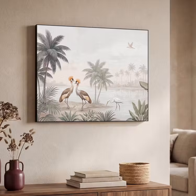 Kraanvogels - Palmbomen - Tropisch Textielframe zwart klein -sfeer3