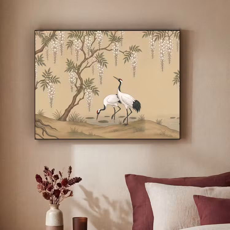 Kraanvogels - Water - Beige Textielframe zwart klein -sfeer1