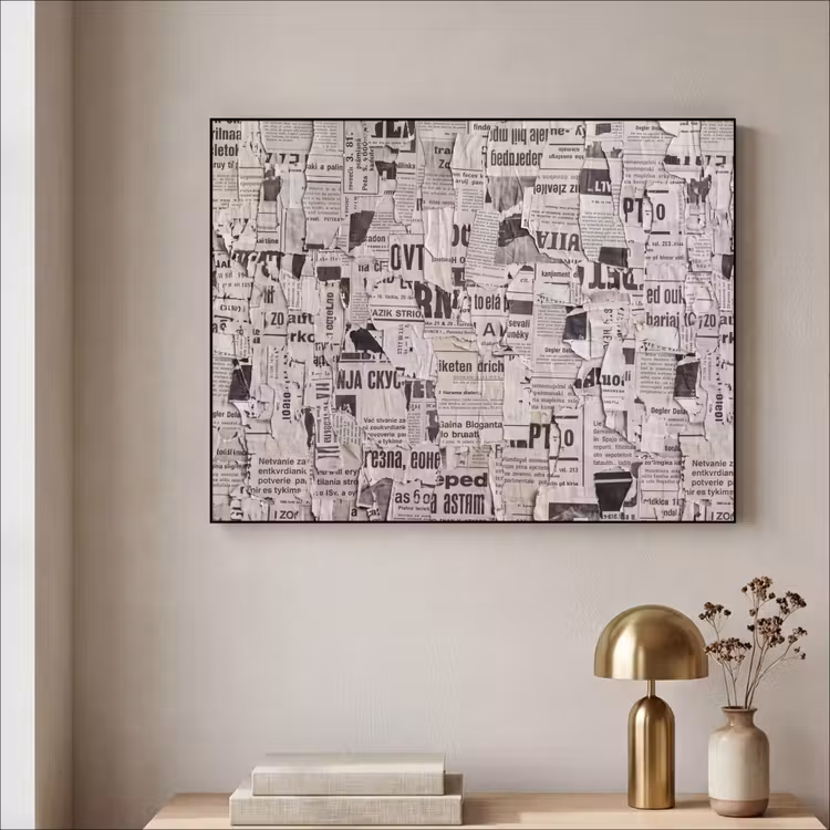 Krant - Gescheurd - Textuur - Abstract - Zwart-wit Textielframe zwart klein -sfeer2