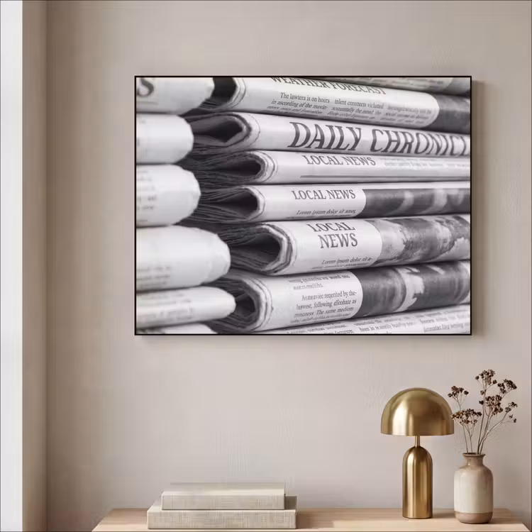 Krant - Stapel - Nieuws - Zwart-wit - Media Textielframe zwart klein -sfeer2