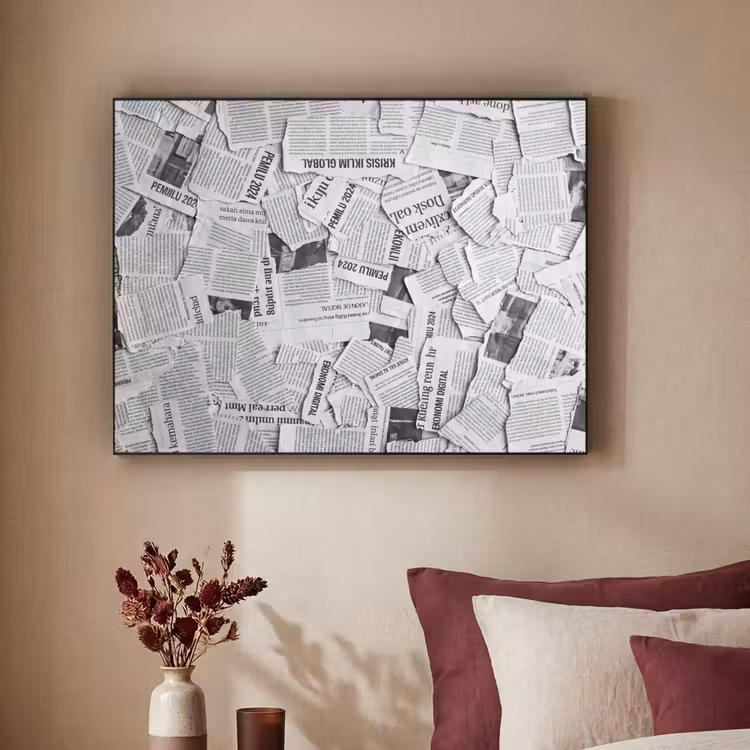 Krant - Versnipperd - Textuur - Zwart-wit - Abstract Textielframe zwart klein -sfeer1
