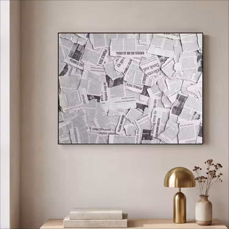 Krant - Versnipperd - Textuur - Zwart-wit - Abstract Textielframe zwart klein -sfeer2