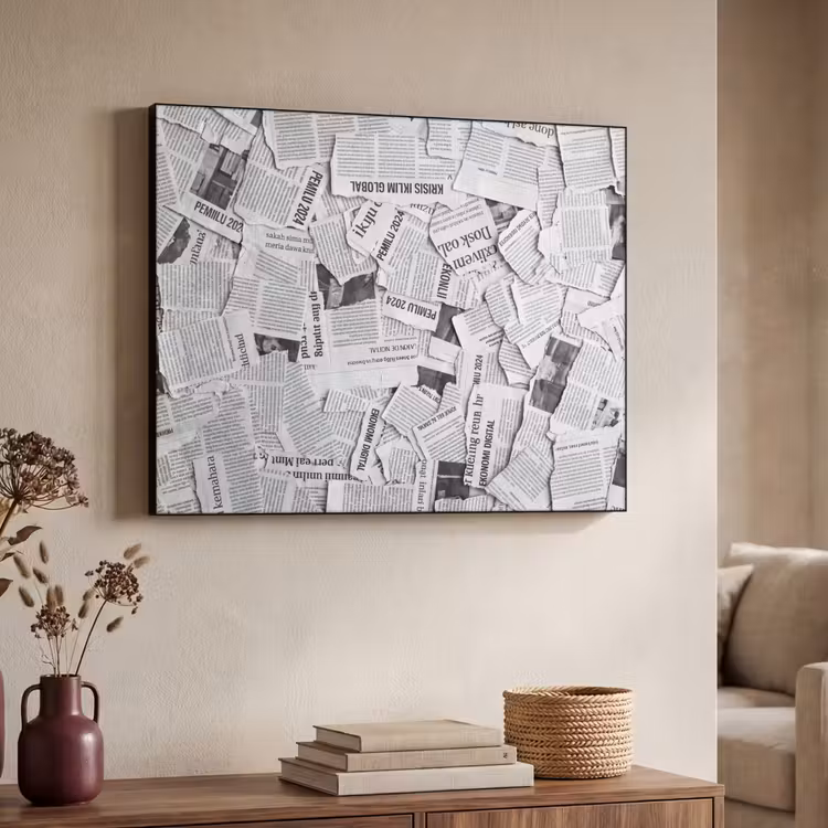 Krant - Versnipperd - Textuur - Zwart-wit - Abstract Textielframe zwart klein -sfeer3
