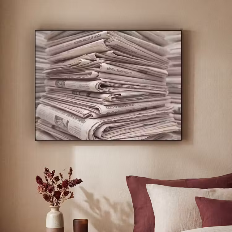 Kranten - Stapel - Nieuws - Vintage - Beige Textielframe zwart klein -sfeer1