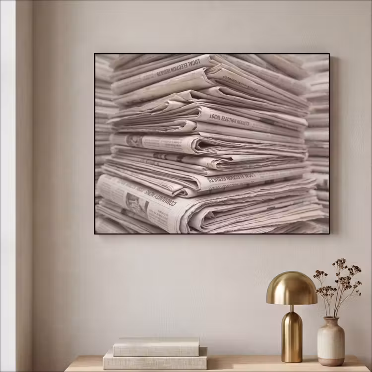 Kranten - Stapel - Nieuws - Vintage - Beige Textielframe zwart klein -sfeer2