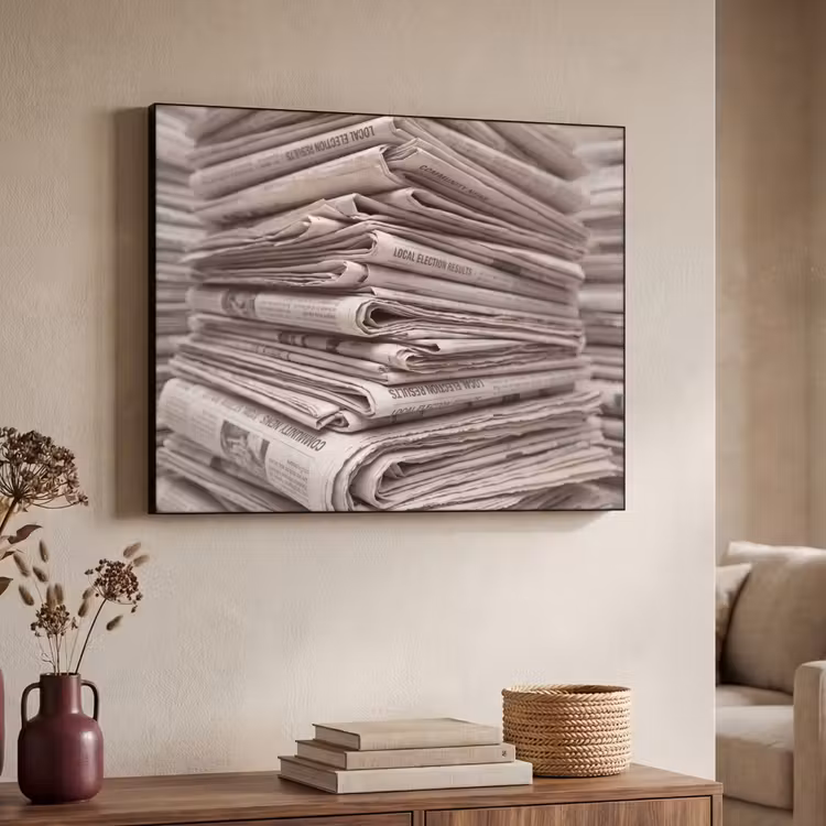 Kranten - Stapel - Nieuws - Vintage - Beige Textielframe zwart klein -sfeer3