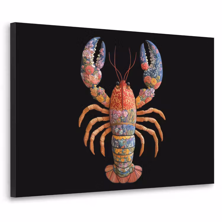 Kreeft - Borduur - Kleurrijk - Bloemen Textielframe zwart klein -3d