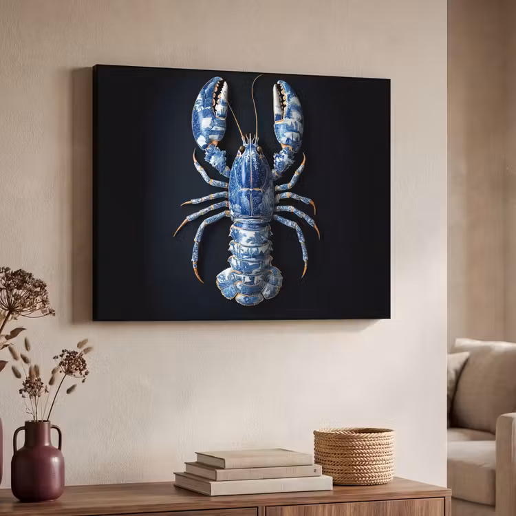 Kreeft - Delftsblauw - Schild - Stoer Textielframe zwart klein -sfeer3