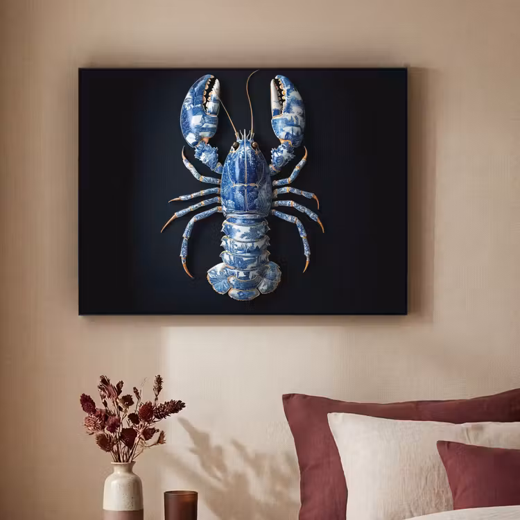 Kreeft - Delftsblauw - Schild - Stoer Textielframe - compleet frame klein -sfeer1