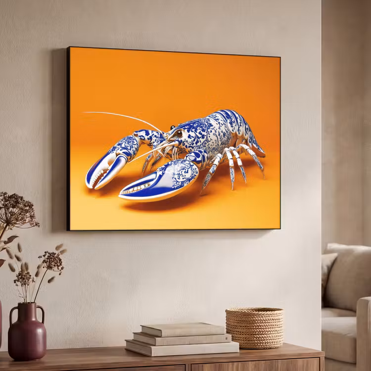 Kreeft - Delftsblauw - Schild - Stoer - Oranje Textielframe zwart klein -sfeer3