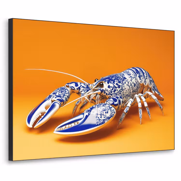 Kreeft - Delftsblauw - Schild - Stoer - Oranje Textielframe zwart klein -3d