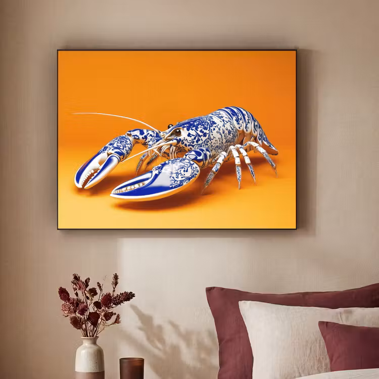 Kreeft - Delftsblauw - Schild - Stoer - Oranje Textielframe zwart klein -sfeer1