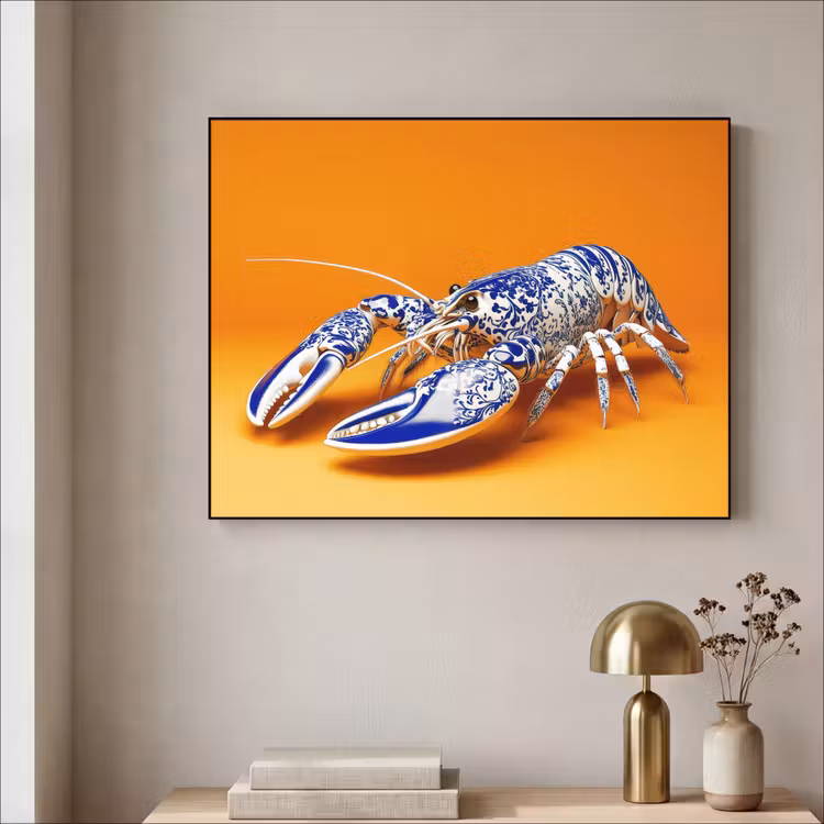 Kreeft - Delftsblauw - Schild - Stoer - Oranje Textielframe - compleet frame klein -sfeer2