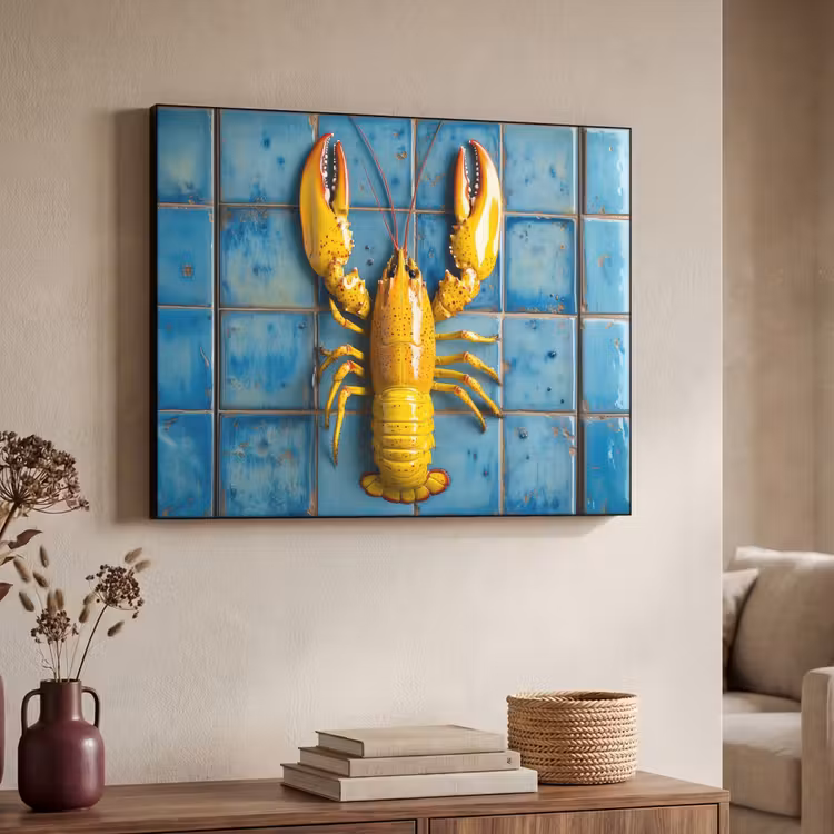 Kreeft - Geel - Blauw - Tegels Textielframe zwart klein -sfeer3