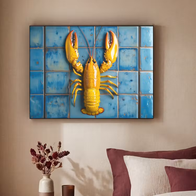 Kreeft - Geel - Blauw - Tegels Textielframe - compleet frame klein -sfeer1