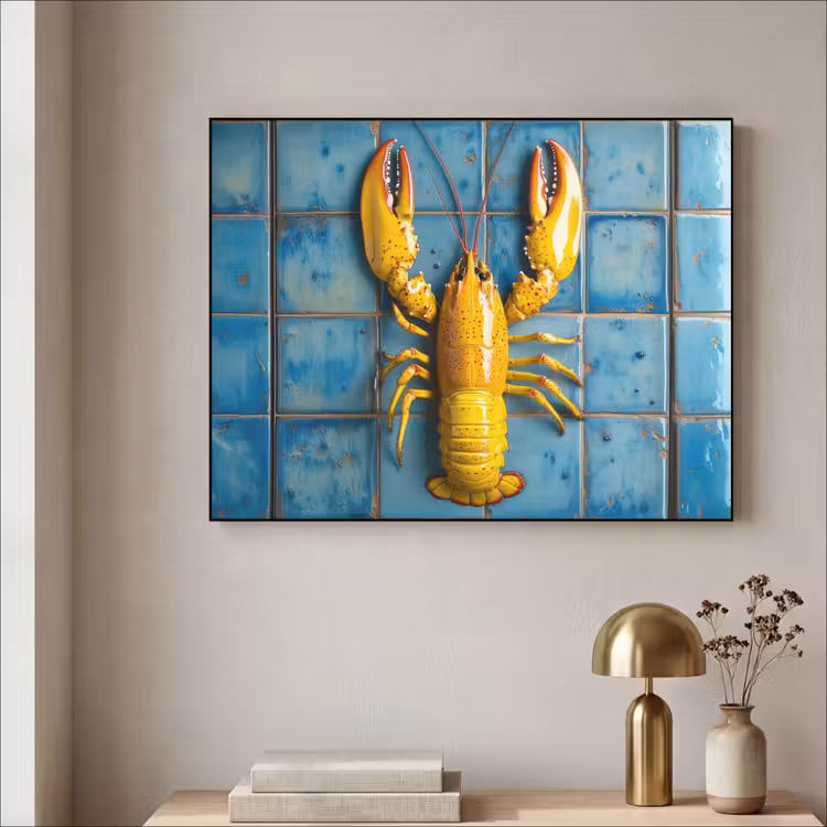 Kreeft - Geel - Blauw - Tegels Textielframe zwart klein -sfeer2