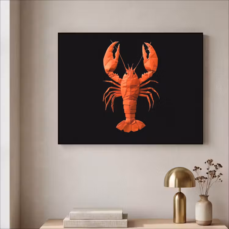 Kreeft - Papier - Origami papier - Rood Textielframe - compleet frame klein -sfeer2