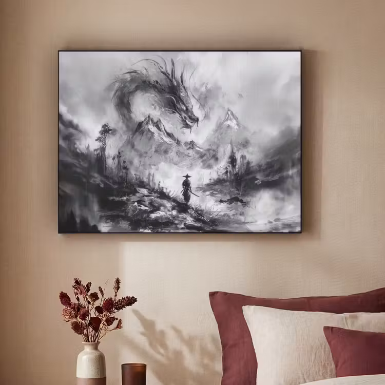Krijger - Draak - Grijs Textielframe zwart klein -sfeer1