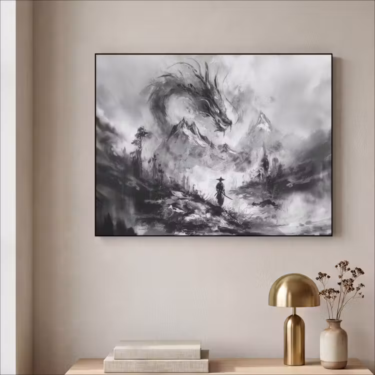 Krijger - Draak - Grijs Textielframe zwart klein -sfeer2