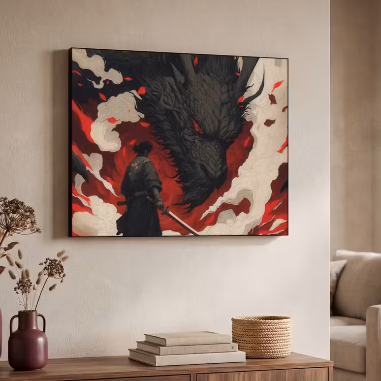 Krijger - Draak - Zwart - Rood - Rook Textielframe zwart klein -sfeer3