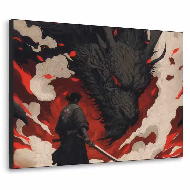 Krijger - Draak - Zwart - Rood - Rook Textielframe zwart klein -3d