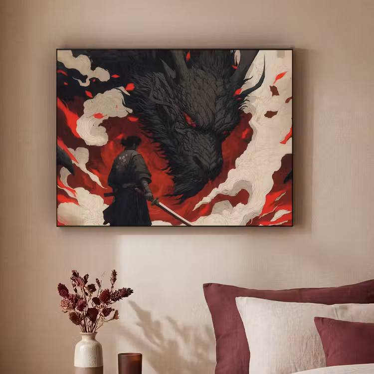 Krijger - Draak - Zwart - Rood - Rook Textielframe zwart klein -sfeer1