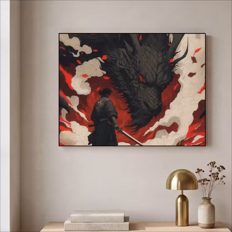 Krijger - Draak - Zwart - Rood - Rook Textielframe - compleet frame klein -sfeer2