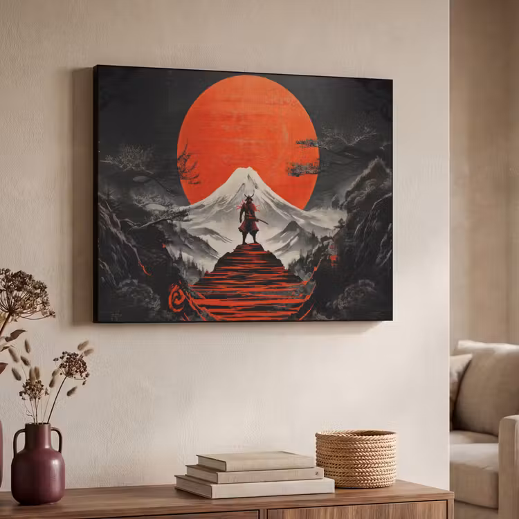 Krijger - Rode trappen - Zon - Berg Textielframe - compleet frame klein -sfeer3