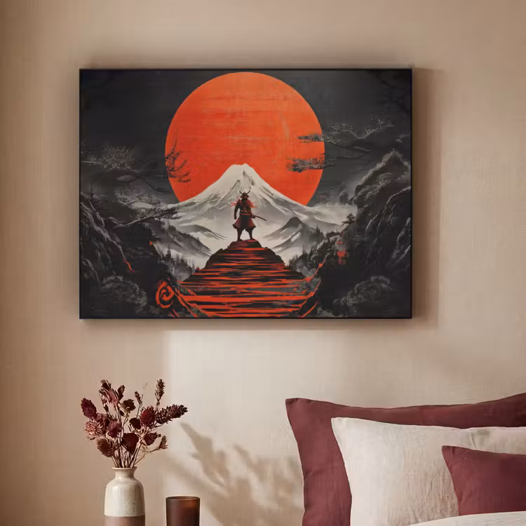Krijger - Rode trappen - Zon - Berg Textielframe zwart klein -sfeer1