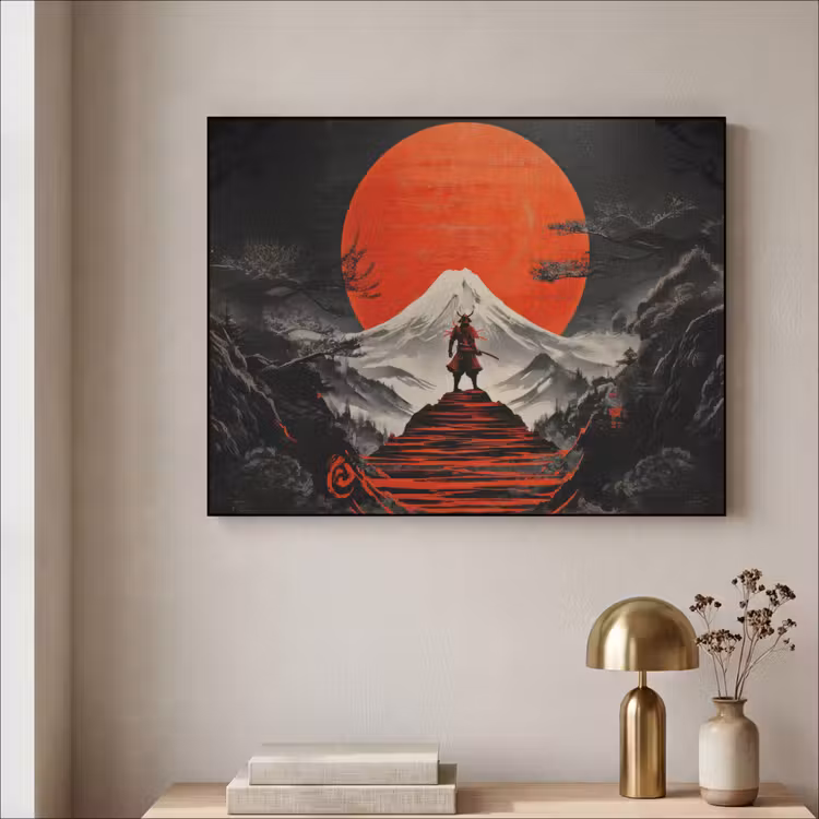 Krijger - Rode trappen - Zon - Berg Textielframe zwart klein -sfeer2